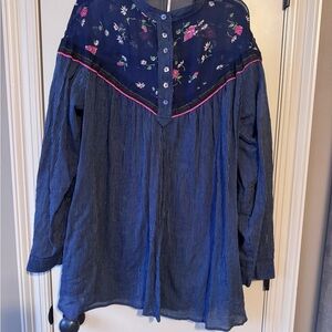 Free People Floral and Navy Striped Blouse - L